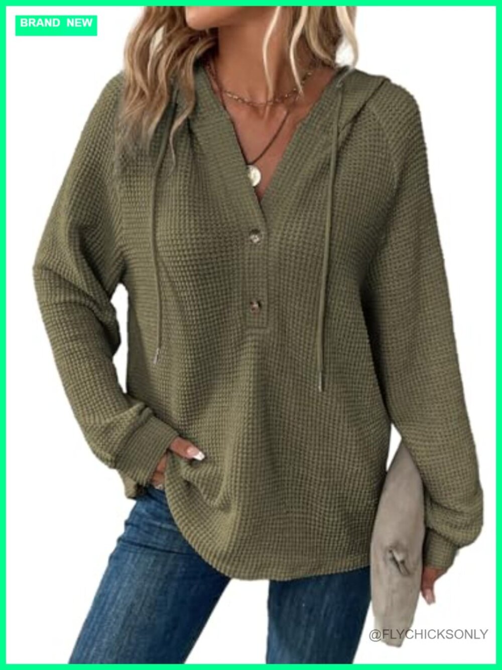 Waffle Knit Hoodie Womens Button V Neck Oversized Sweatshirt Pullover